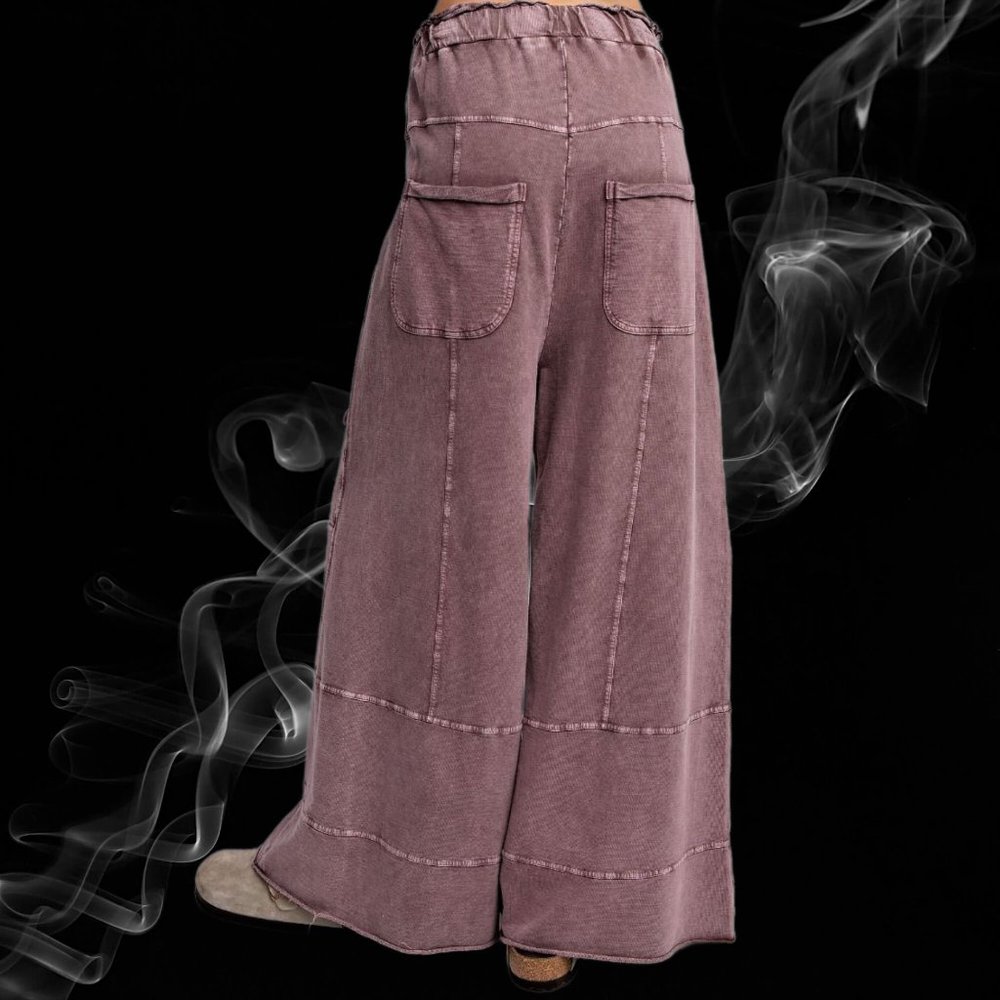 EASEL Perfect Cargo LUX Premium Mineral Wash Wide Leg Pant Raw Hem Seam Details - Picture 4 of 11